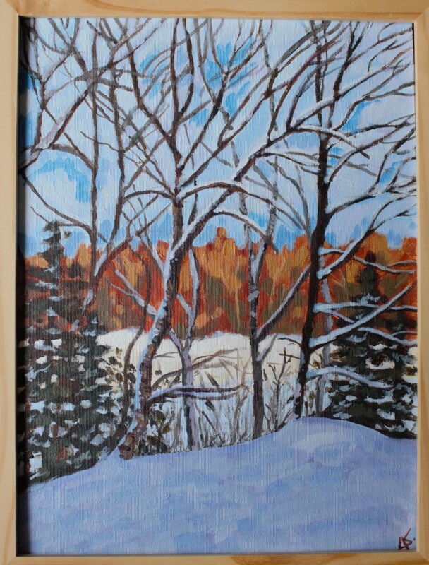 A colorful affordable and expressive painting of a winter landscape in Quebec Canada