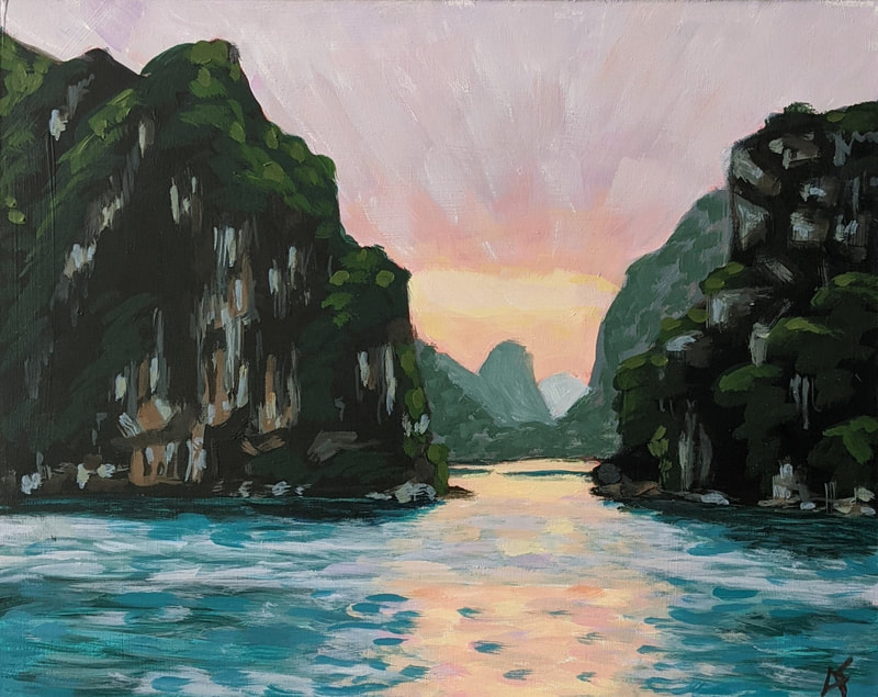 A colorful original acrylic painting of Ha Long Bay Vietnam at Sunset