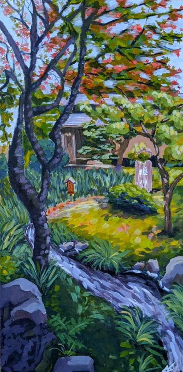 An impressionistic landscape painting of a Japanese garden with lots of colors and brushstrokes