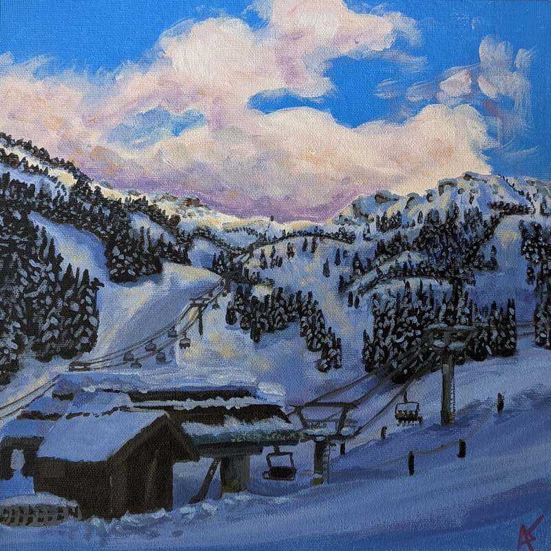 A colorful original acrylic painting of whistler and blackcomb mountain ski resort in British Columbia Canada