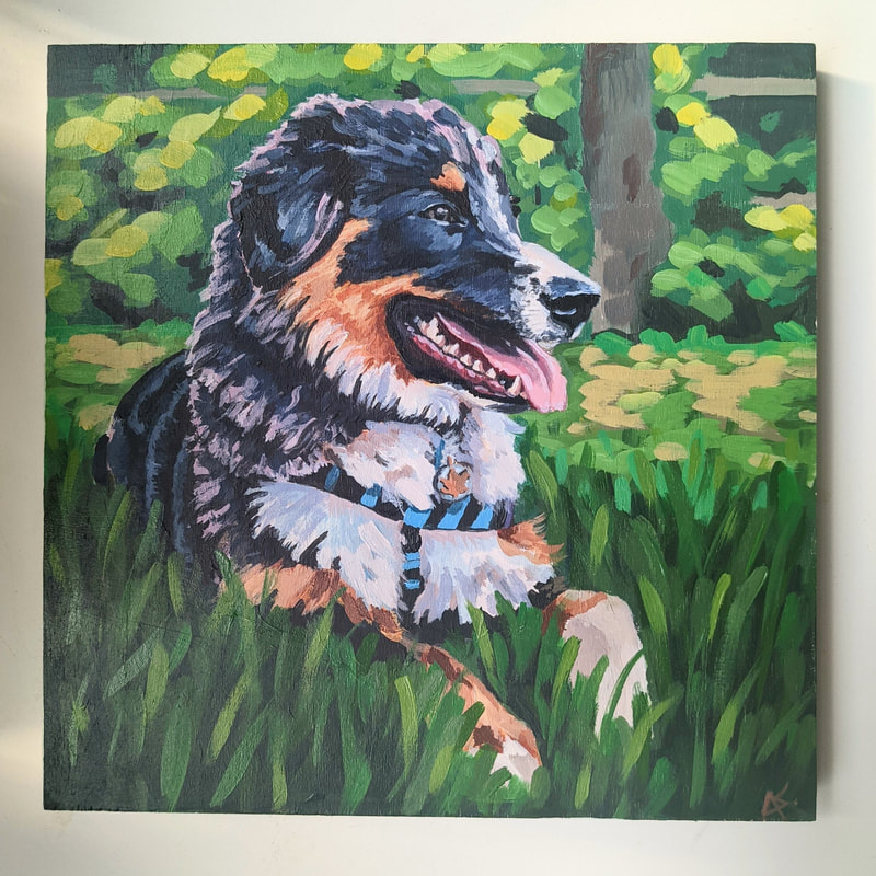 A colorful and expressive pet portrait painting of a Australian Sheppard dog