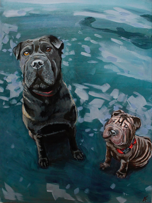 A custom painting artwork of pets two Sharpei dogs