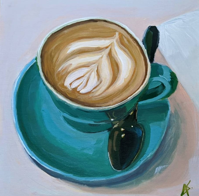 An original affordable painting of a cup of coffee from a cafe