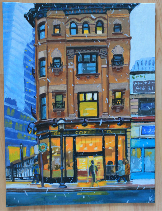 An evening Toronto Cityscape painting by contemporary Canadian Painter showing Toronto's old architecture