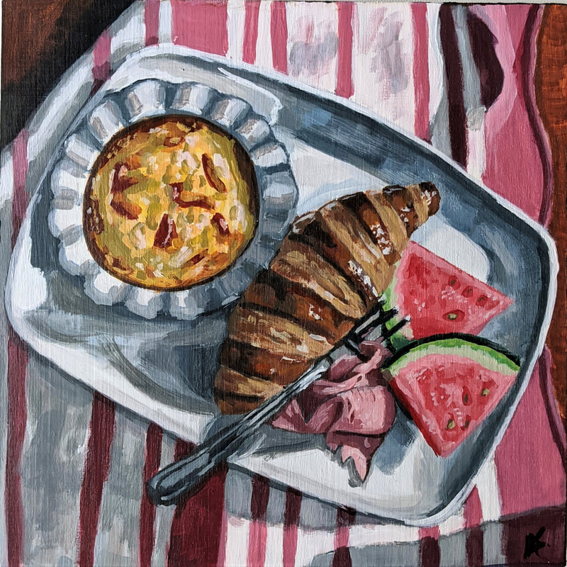 A painting of a delicious breakfast of croissant fruit and quiche 