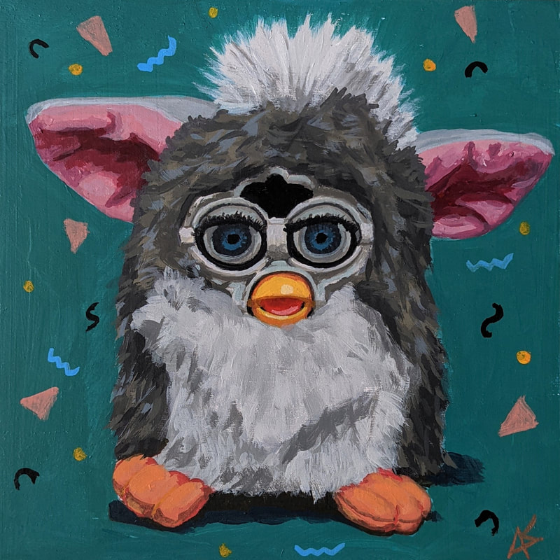 A fun quirky 90s nostalgia original acrylic painting of a furby