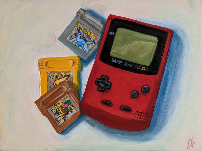 A fun quirky colorful painting of 90s nostalgia of a gameboy