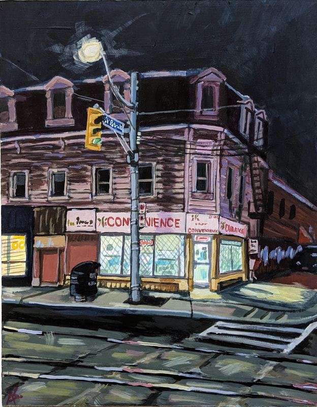A striking and affordable acrylic painting of Toronto streets at night with the glow of lights from a convenience store