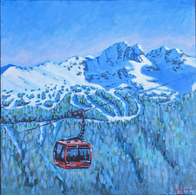 A colorful painting of the peak to peak gondola at Whistler  Blackcomb ski resort with a mountain in the distance
