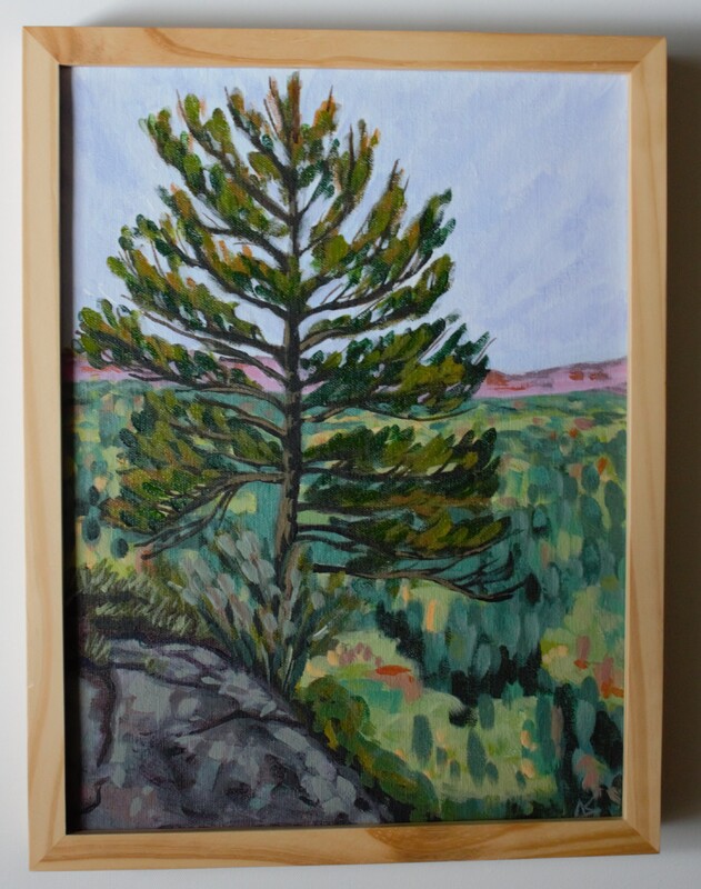 A colorful acrylic affordable landscape painting of a white pine tree in a national park perfect for your home