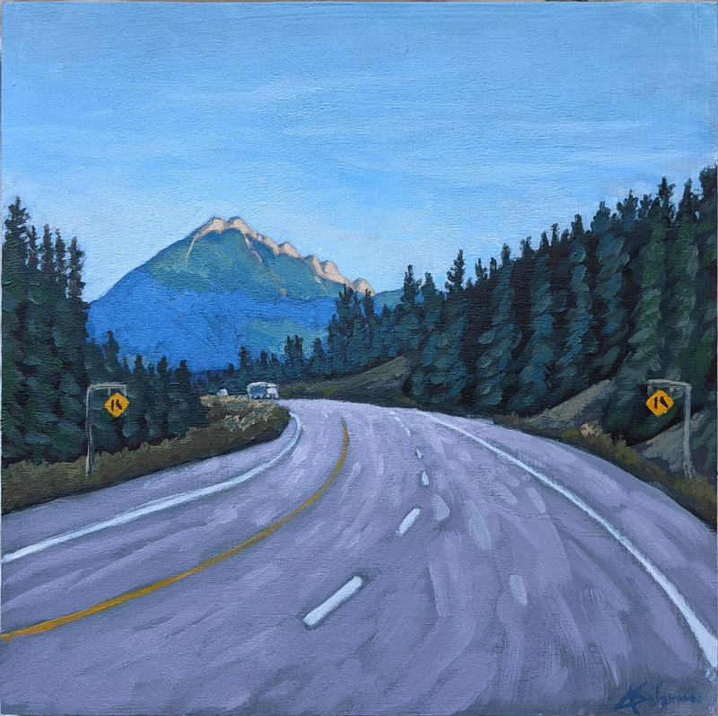 A colorful and original modern Acrylic Painting of a road trip in Alberta Canada through the mountains