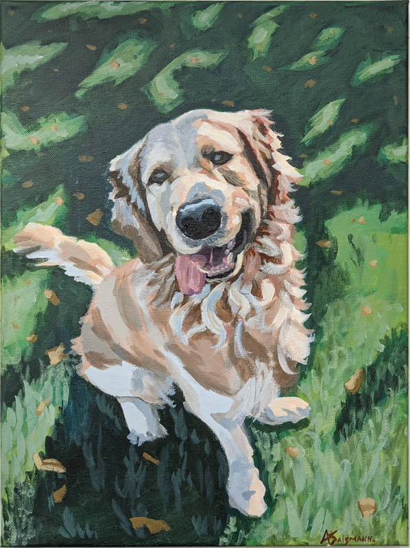 A cute and colorful pet portrait commission of a cute golden lab dog for a gift