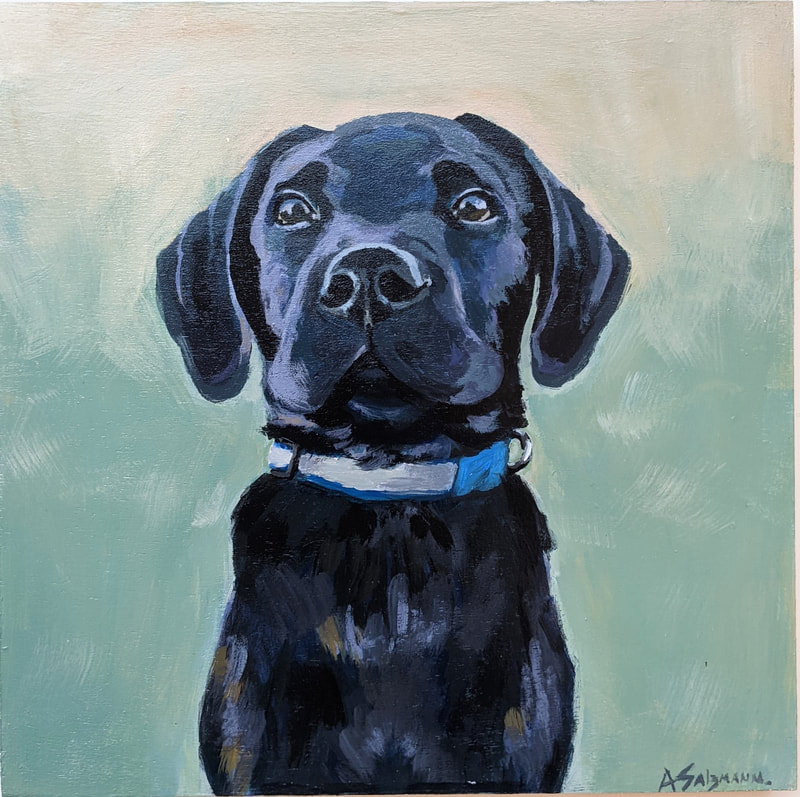 An affordable gift pet portrait painting of a puppy black lab dog