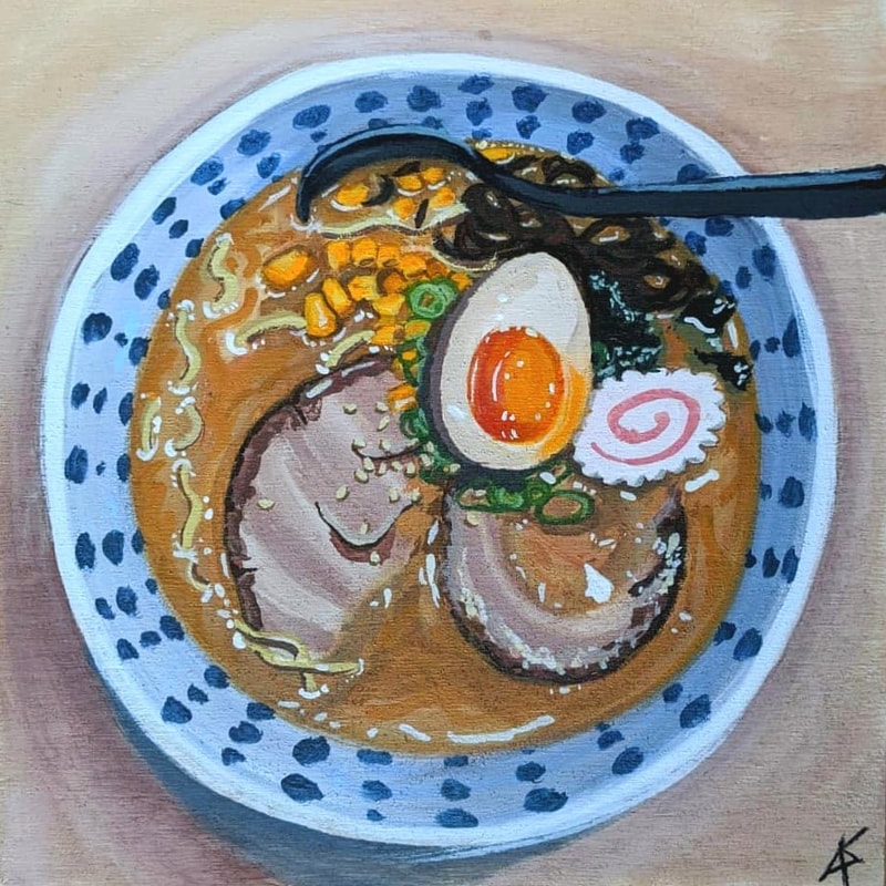 An affordable colorful food painting of a bowl of ramen