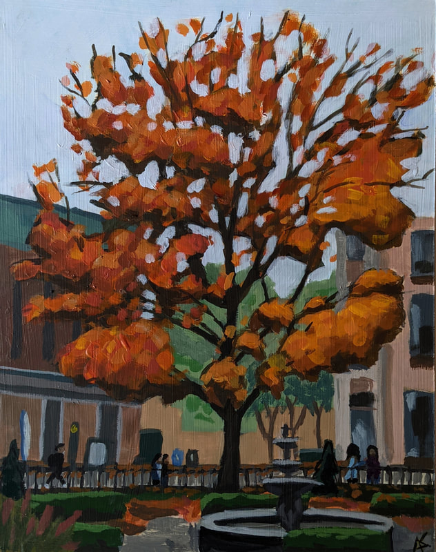 A bright colorful and expressive original acrylic painting of a tree in autumn in Toronto at St. James Park