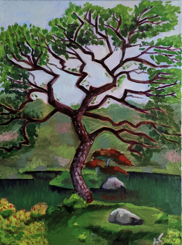 A colorful and expressive original Acrylic painting of a tree in a Temple Garden in Kyoto Japan